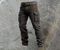 Black quilted texture cargo jeans with flap pockets and brown belt on stone background