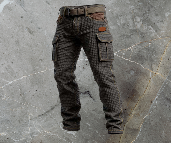 Black quilted texture cargo jeans with flap pockets and brown belt on stone background