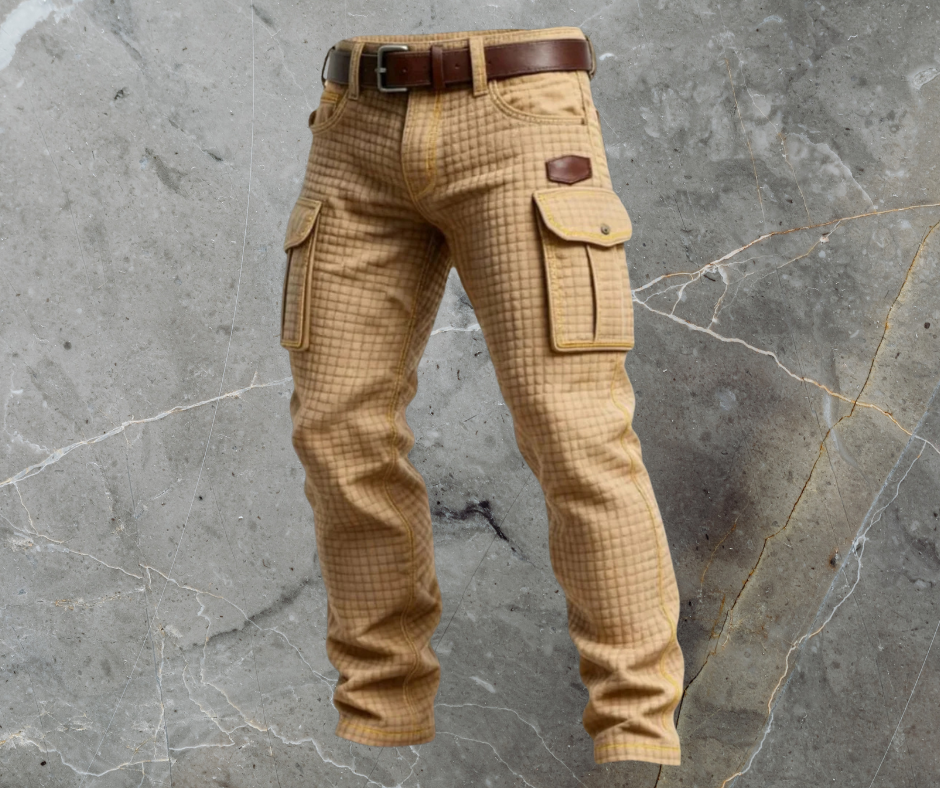 Beige quilted cargo jeans with large flap pockets and brown belt on marble background