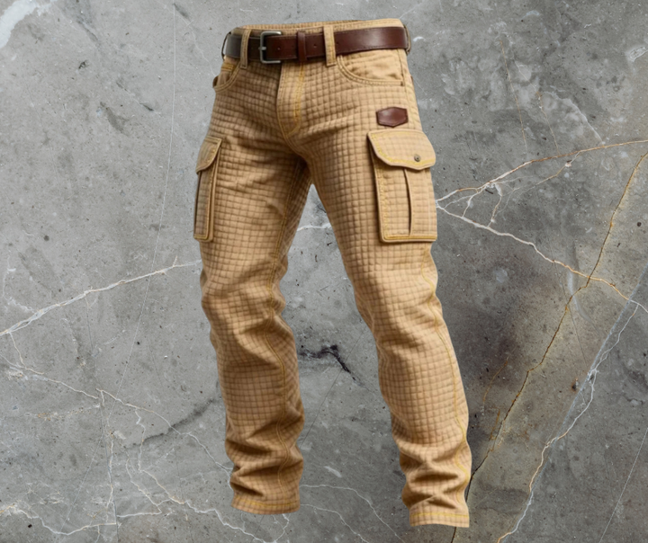 Beige quilted cargo jeans with large flap pockets and brown belt on marble background