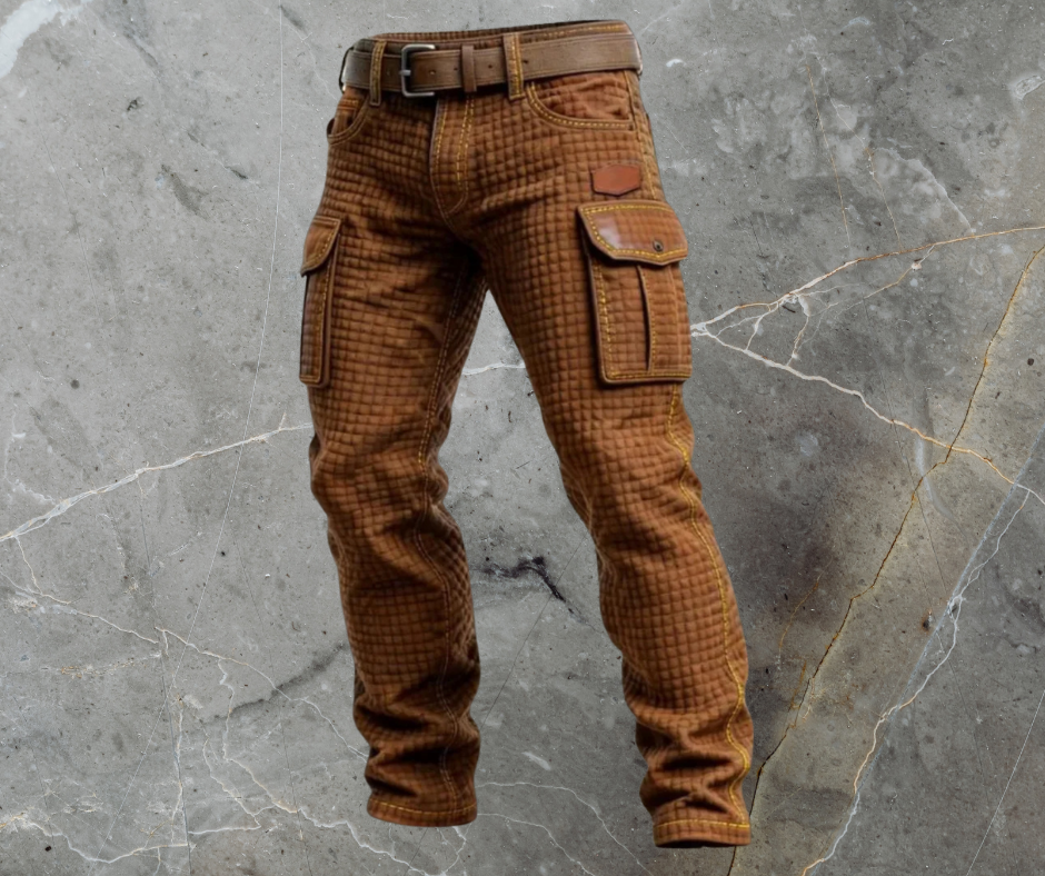 Brown quilted cargo jeans with utility pockets, stitched seams, and belt on stone background