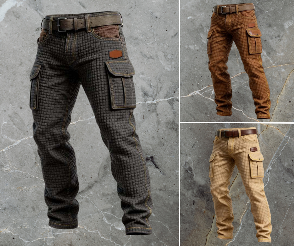 Three color variations of men's cargo jeans with quilted texture and utility pockets