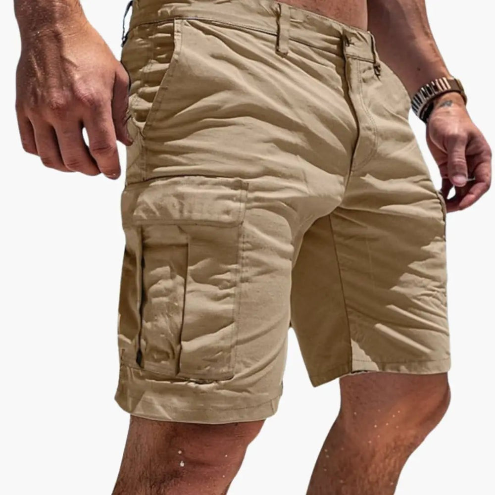 Khaki men's cargo shorts knee length with multiple pockets and relaxed fit