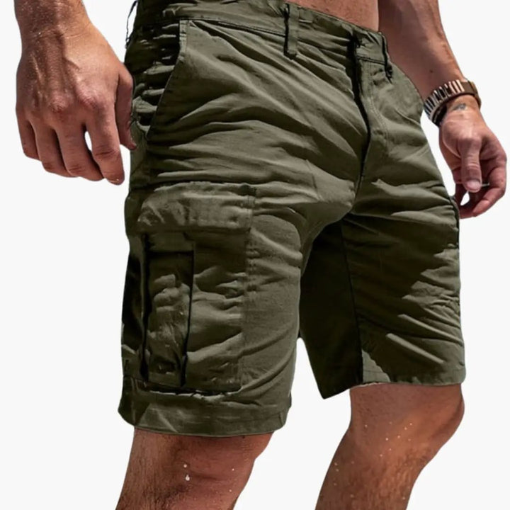 Olive green cargo knee length shorts for men with large side pockets and belt loops