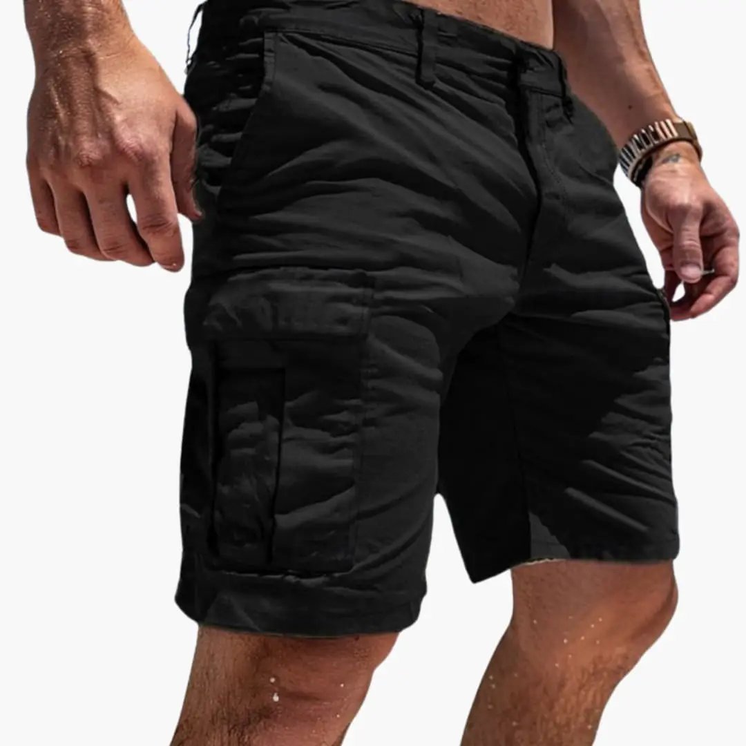 Black men's cargo knee length shorts with utility pockets and straight leg cut