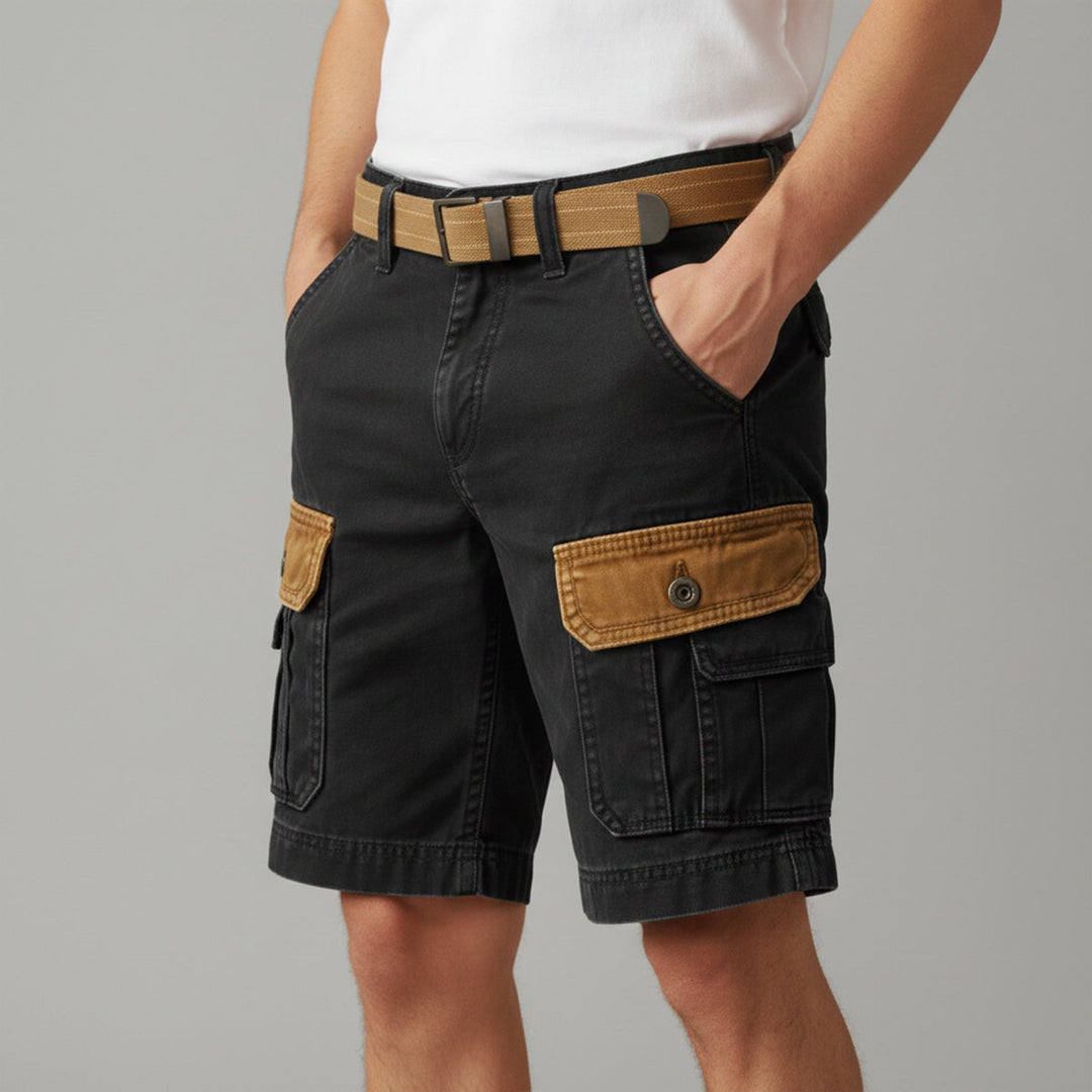 Black men's cargo shorts with tan belt, flap pockets, and casual utility workwear design