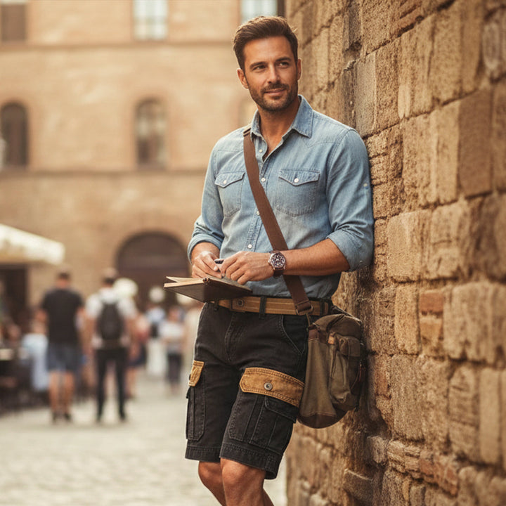Man wearing black and tan cargo shorts with utility pockets while standing outdoors