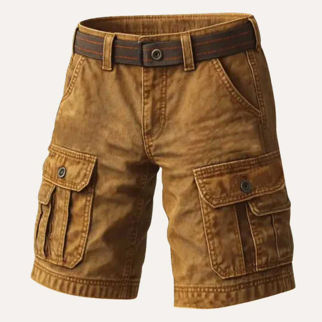 Brown men's cargo shorts with belt, side flap pockets, and rugged workwear styling