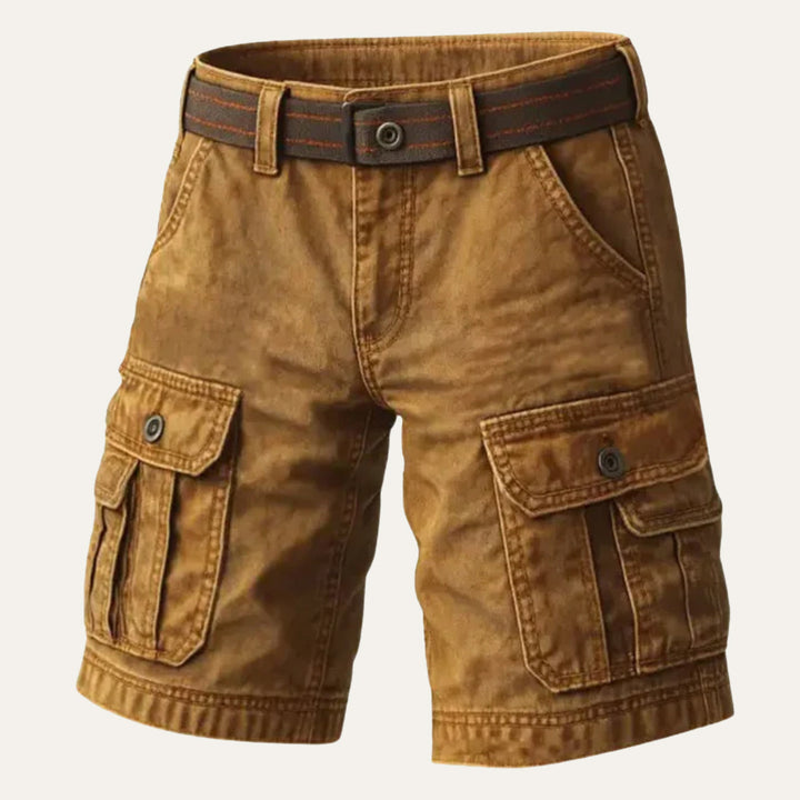 Brown men's cargo shorts with belt, side flap pockets, and rugged workwear styling