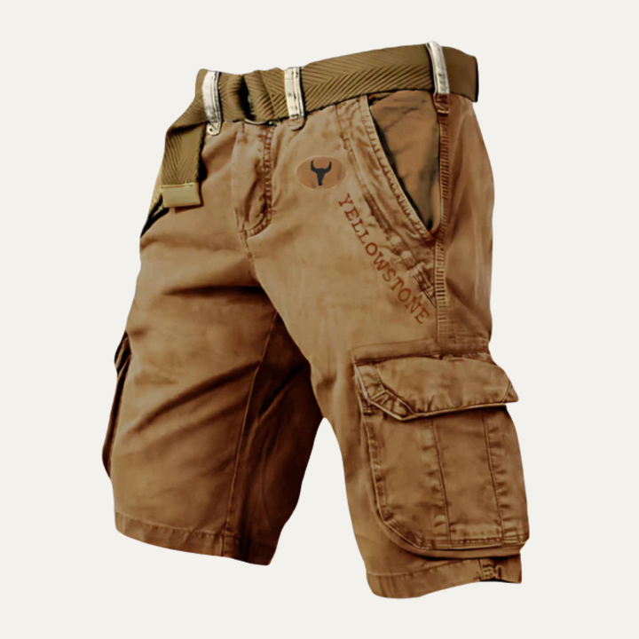 Tan cargo shorts with belt, front angled view, utility pocket and casual summer shorts style