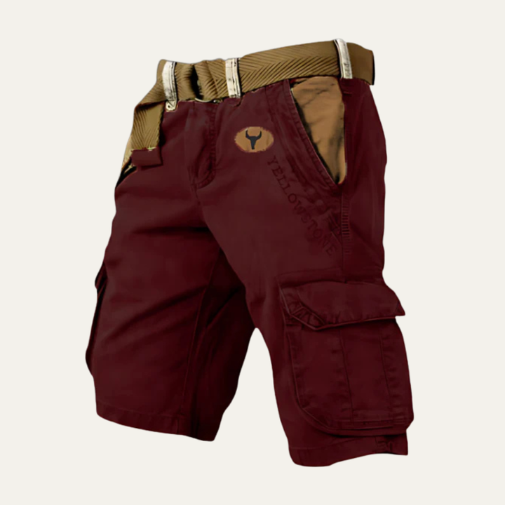 Maroon men's cargo shorts with belt, angled view, flap pocket and durable cotton look