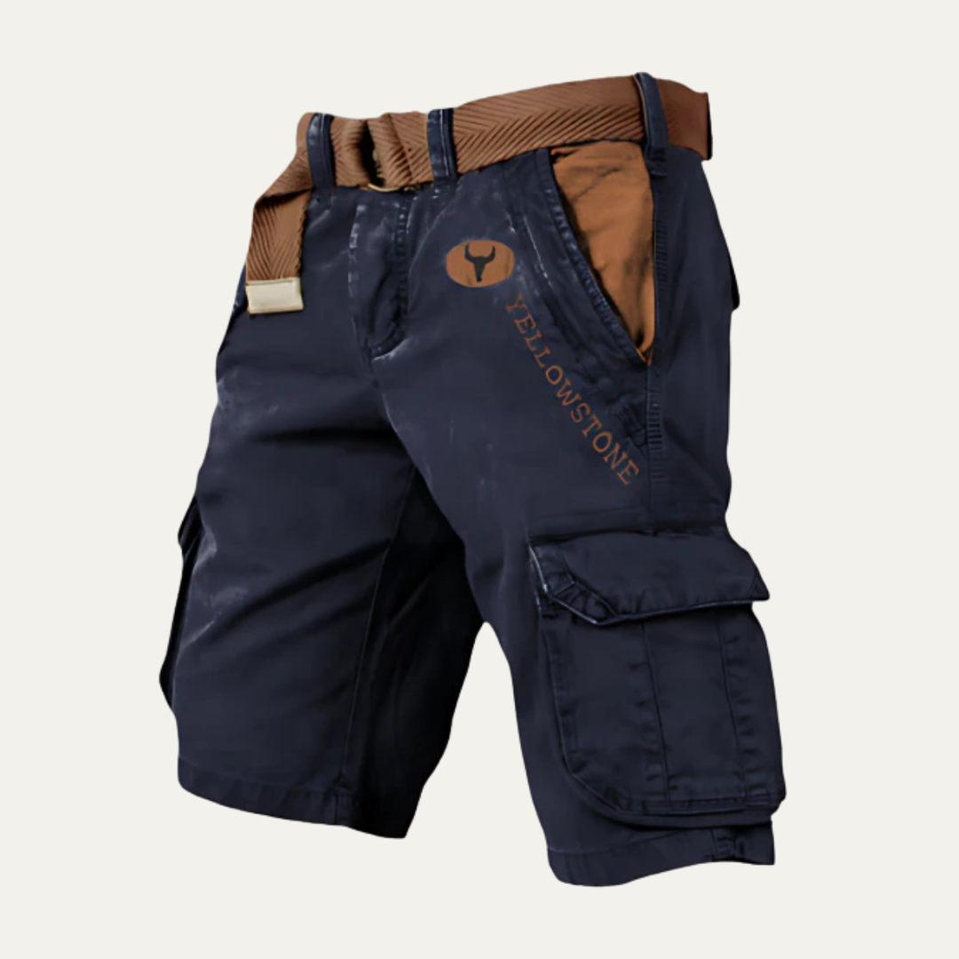 Navy blue cargo shorts with belt, front angled view, side pocket and everyday casual wear