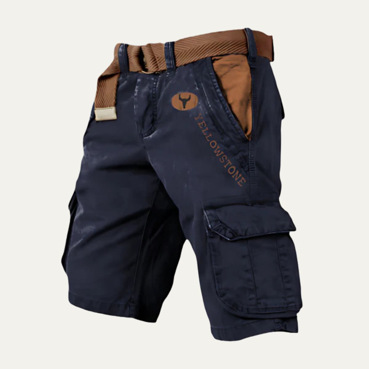 Navy blue cargo shorts with belt, front angled view, side pocket and everyday casual wear