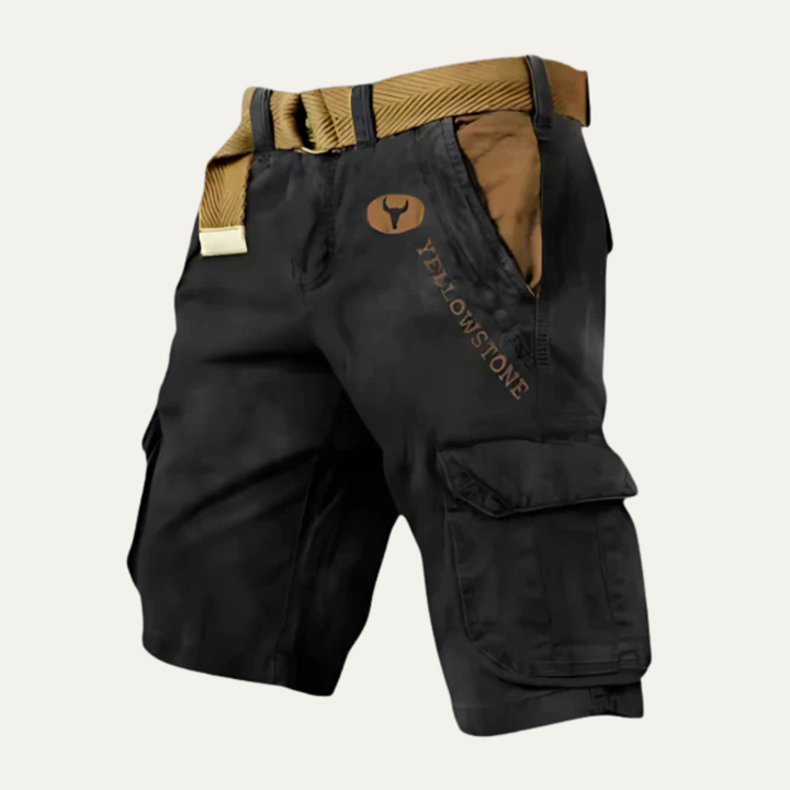 Black men's cargo shorts with belt, angled view, cargo pocket and relaxed fit summer shorts