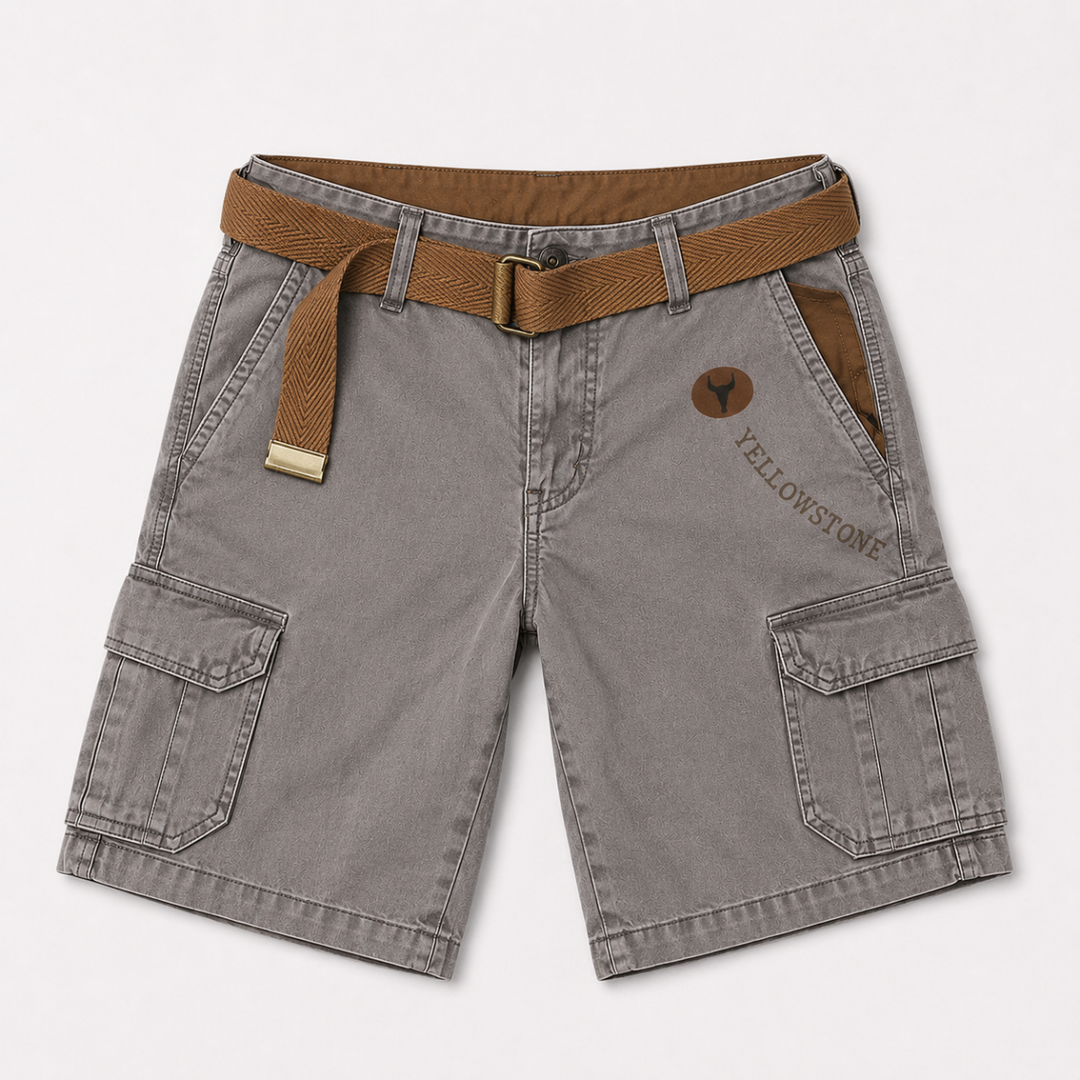 Gray men's cargo shorts with belt, front view, side flap pockets and rugged casual style