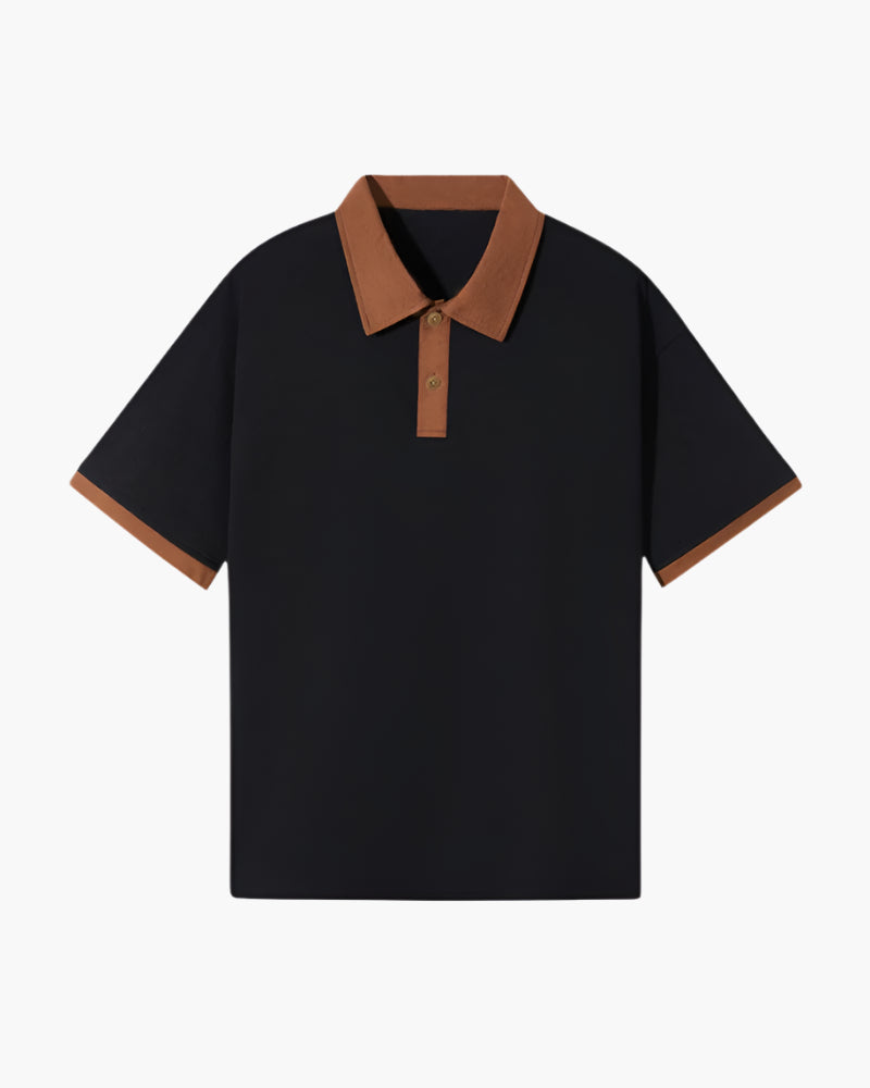 Black men's polo shirt with brown contrast collar, button placket, and sleeve trim