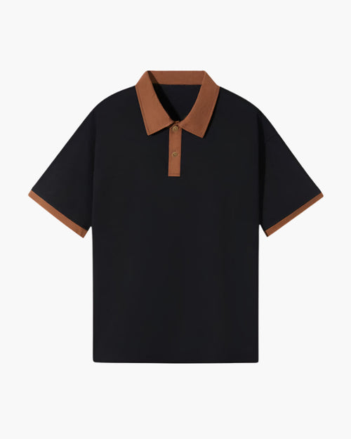 Black men's polo shirt with brown contrast collar, button placket, and sleeve trim
