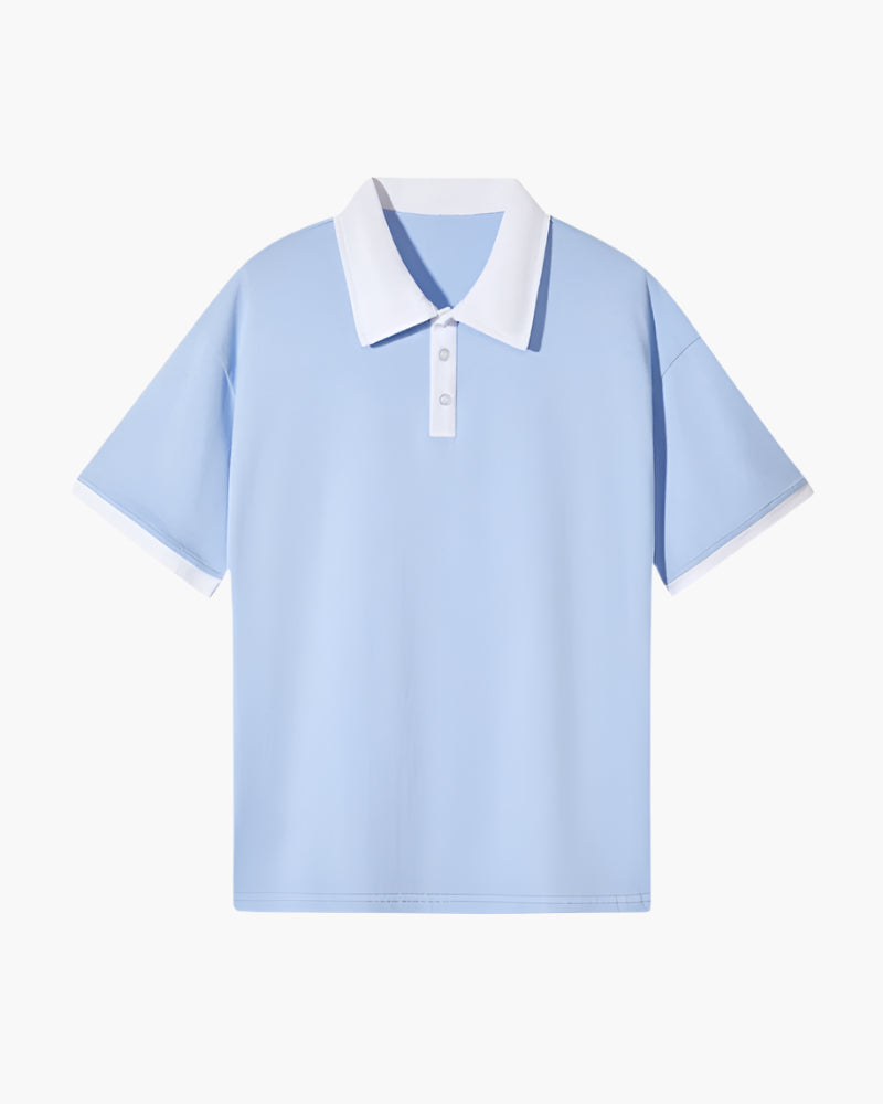 Light blue short sleeve polo shirt with white contrast collar, placket, and sleeve trim