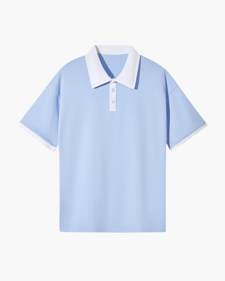 Light blue short sleeve polo shirt with white contrast collar, placket, and sleeve trim
