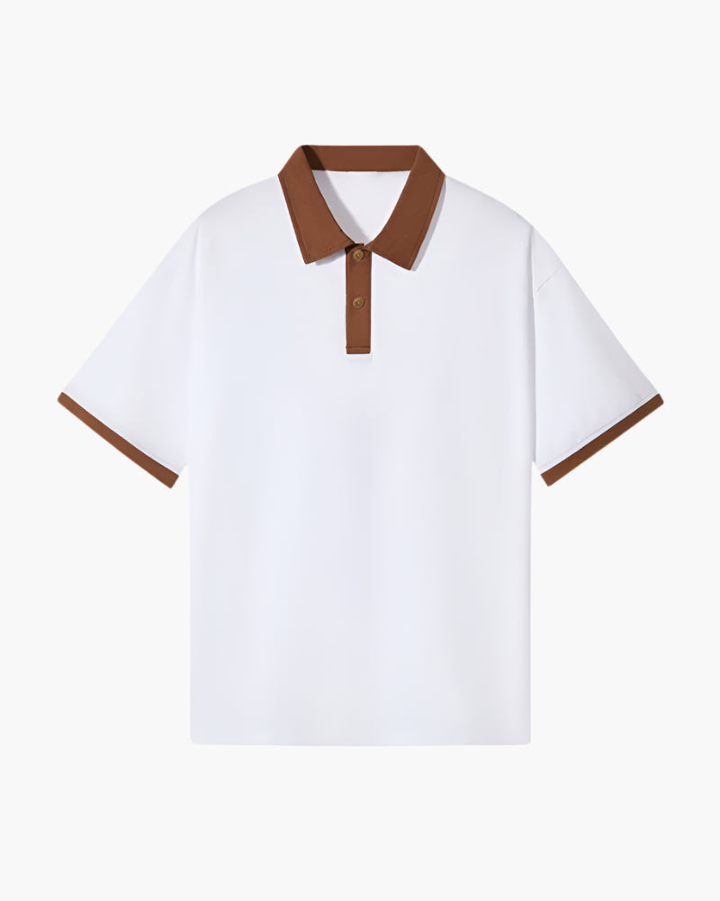 White polo shirt with brown contrast collar, button placket, and matching sleeve cuffs