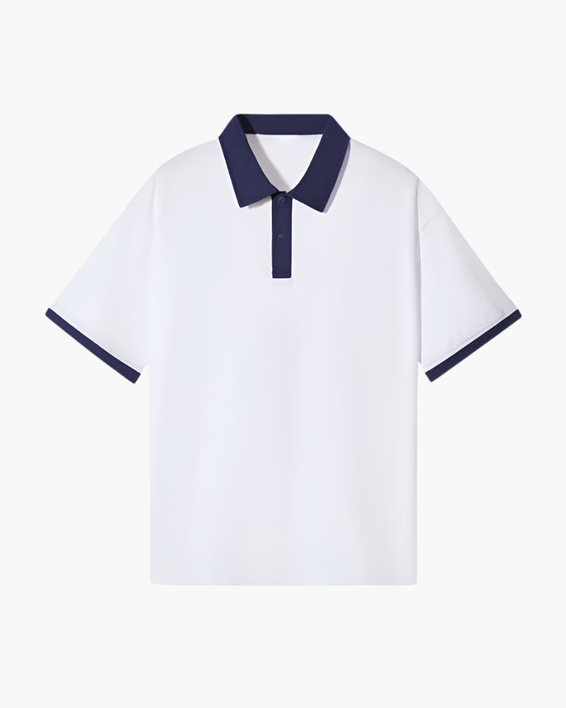 White polo shirt with navy contrast collar, button placket, and sleeve trim