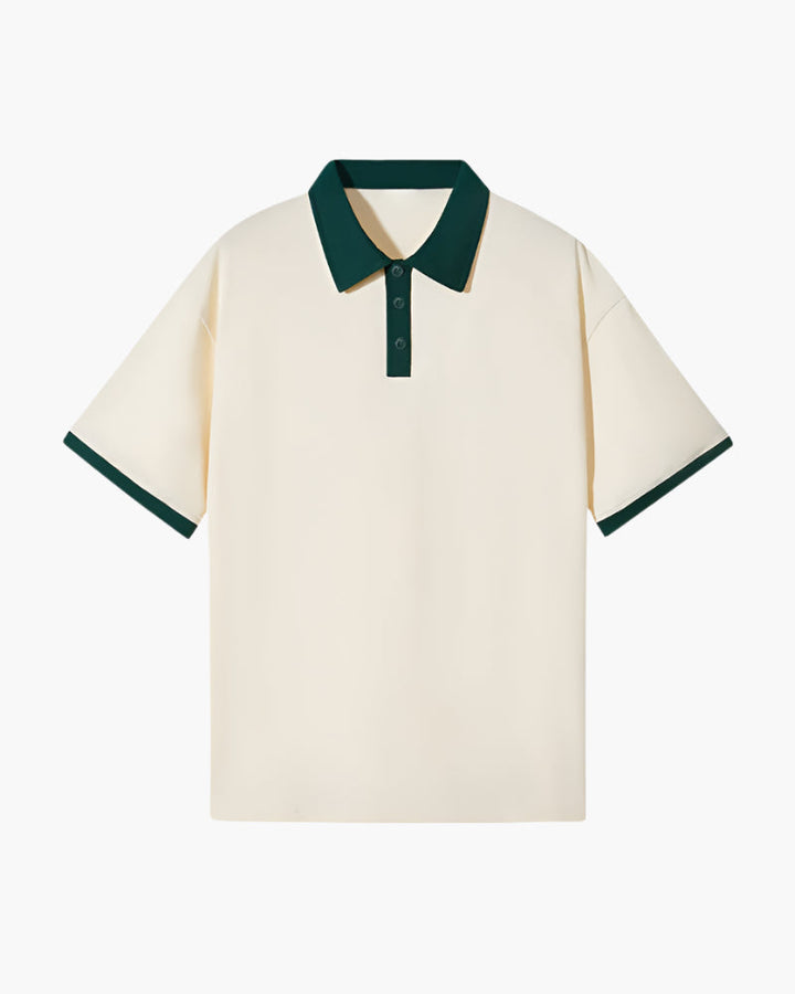 Cream short sleeve polo shirt with dark green contrast collar and sleeve trim