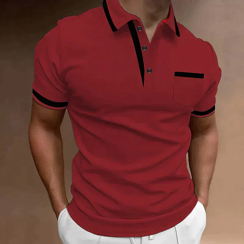 Red men's casual polo shirt with black contrast trim and short sleeves, front view