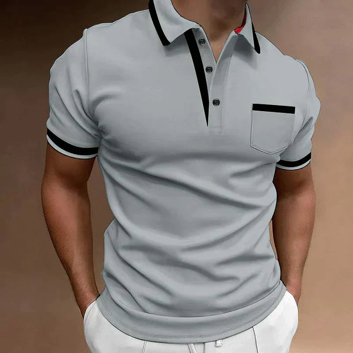 Light gray men's casual polo shirt with black contrast trim, button placket, and chest pocket