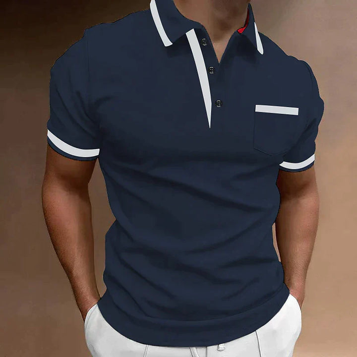 Navy men's casual polo shirt with white collar trim, short sleeves, and chest pocket