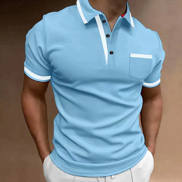 Light blue men's casual polo shirt with white contrast trim and short sleeves