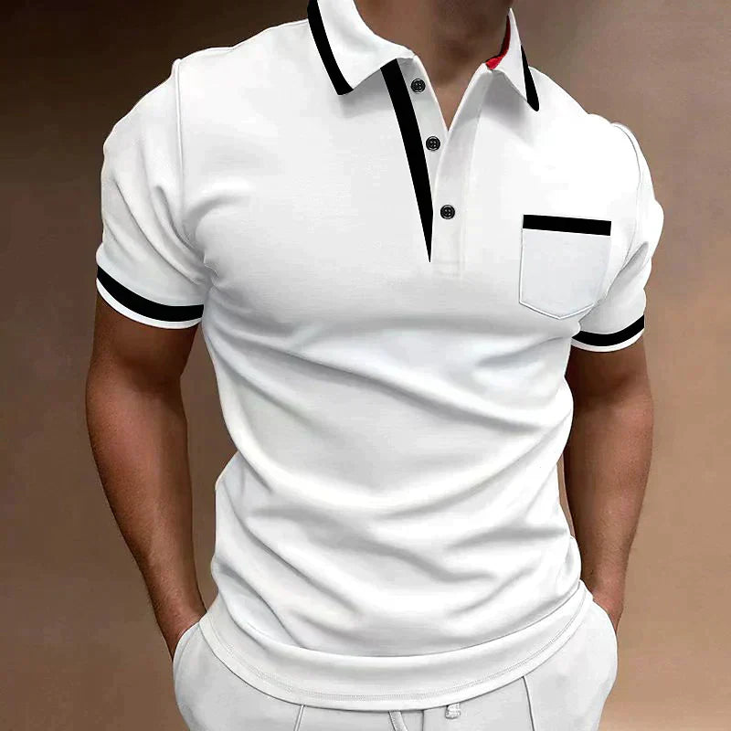 White men's casual polo shirt with black contrast trim, short sleeves, and chest pocket
