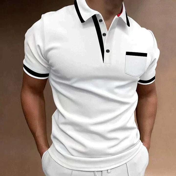 White men's casual polo shirt with black contrast trim, short sleeves, and chest pocket