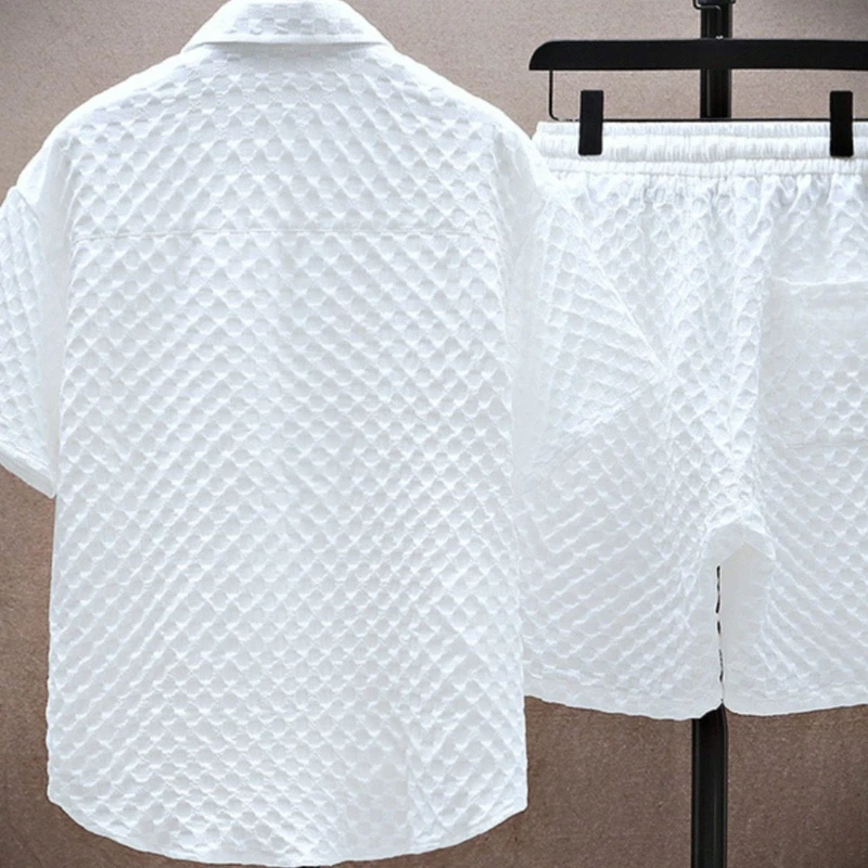 Back view of white jacquard short sleeve shirt and matching shorts set