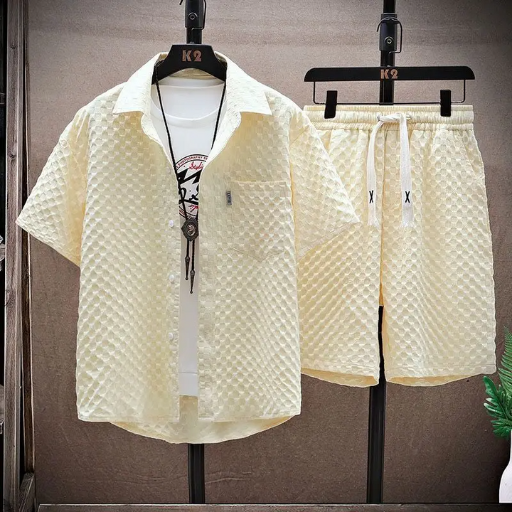 Cream diamond jacquard shirt shorts set with open collar and casual summer style