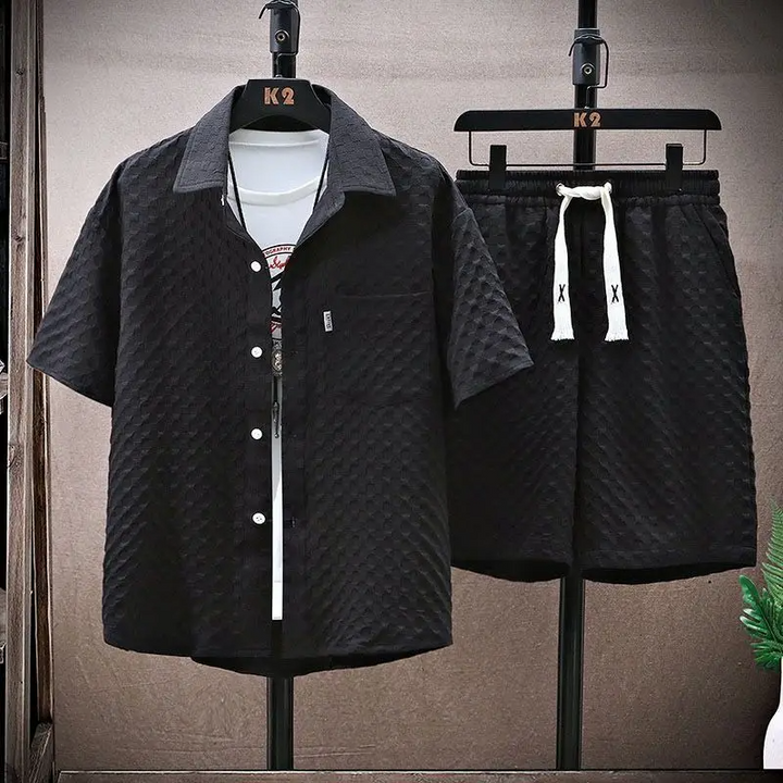 Black diamond jacquard shirt and shorts set with short sleeves and white drawstring