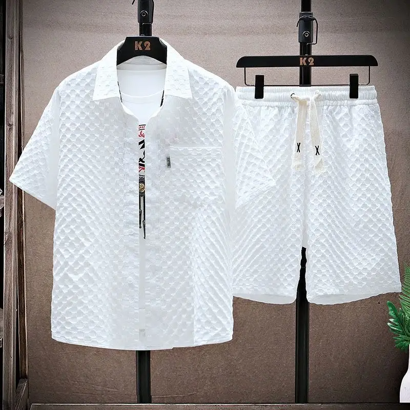 White diamond jacquard shirt and shorts set with short sleeves and drawstring shorts