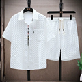 White diamond jacquard shirt and shorts set with short sleeves and drawstring shorts