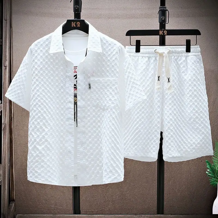White diamond jacquard shirt and shorts set with short sleeves and drawstring shorts