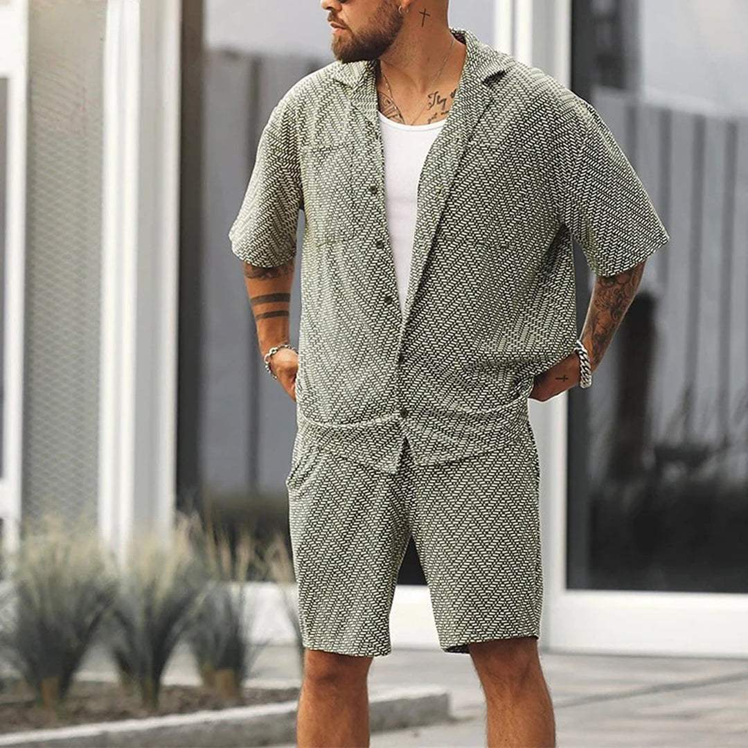 Men's green patterned short sleeve shirt and matching shorts set with button front