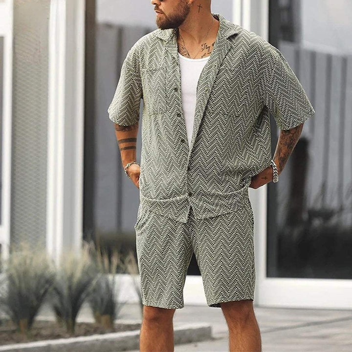Men's green patterned short sleeve shirt and matching shorts set with button front