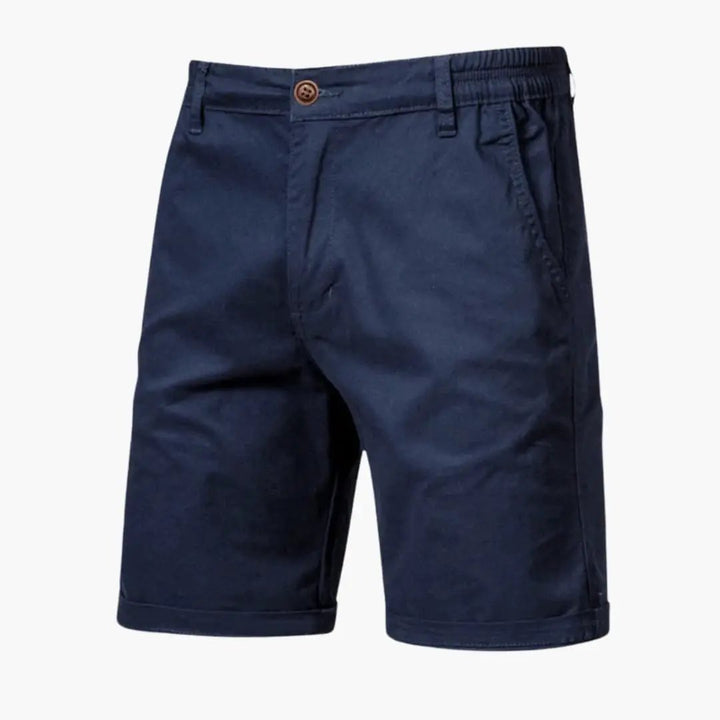 Navy blue men's casual knee length shorts with side pockets and button waist