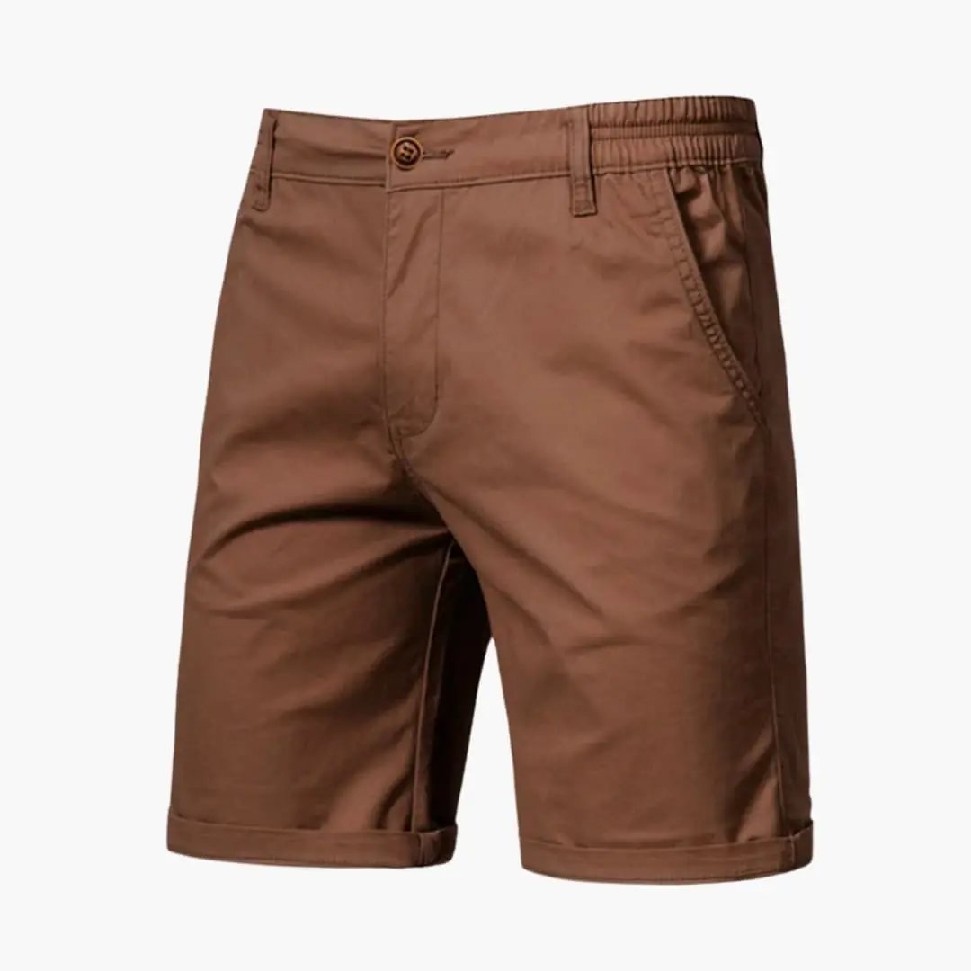 Brown men's casual shorts with pockets, elastic waistband detail, and knee length cut