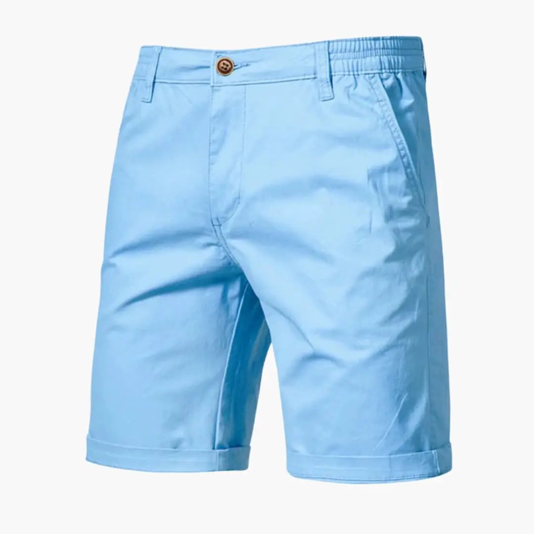 Light blue men's casual shorts with pockets and cuffed knee length design