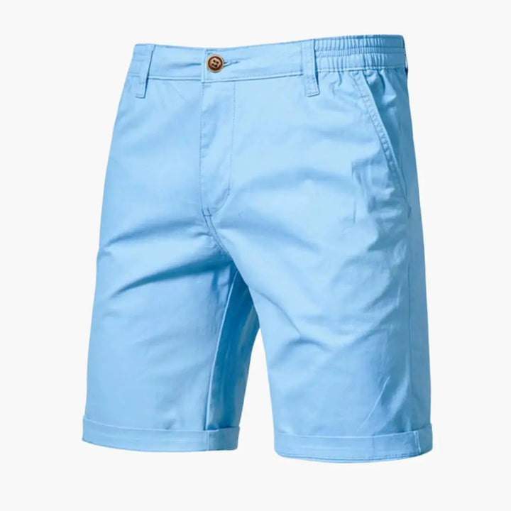 Light blue men's casual shorts with pockets and cuffed knee length design