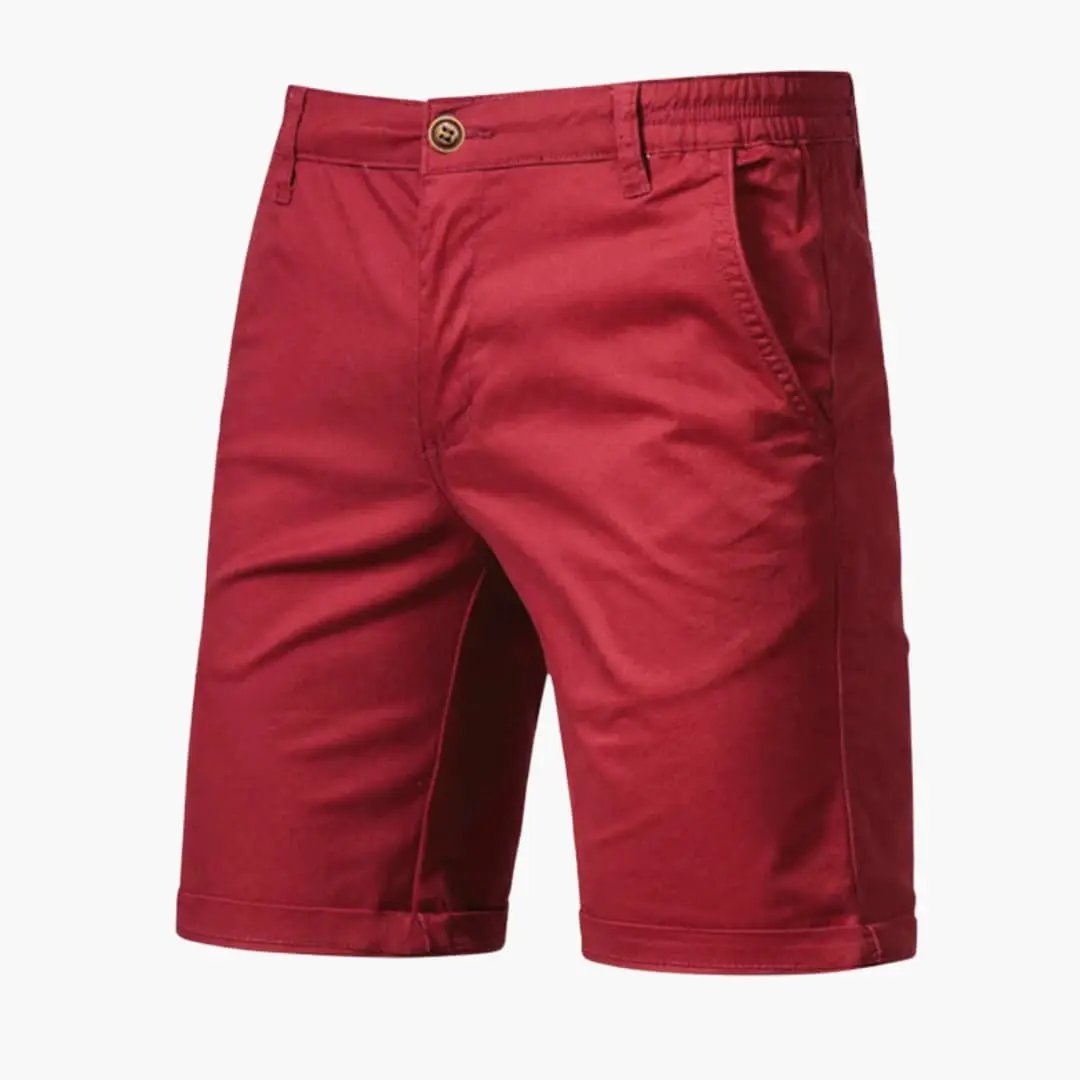 Red men's casual knee length shorts with pockets and rolled hem finish