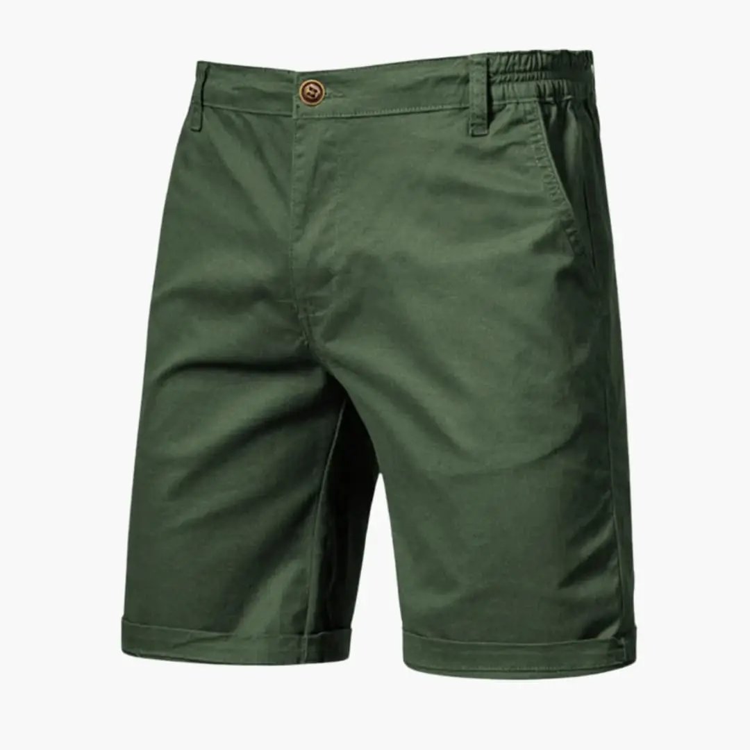 Olive green men's casual shorts with pockets and knee length rolled cuffs