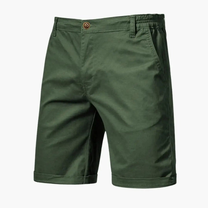 Olive green men's casual shorts with pockets and knee length rolled cuffs