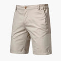 Beige men's casual knee length shorts with pockets and rolled hems