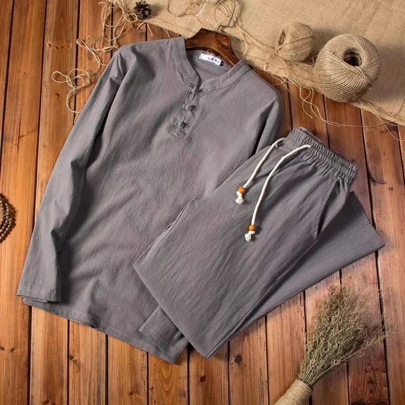 Gray men's casual linen blend outfit set with long sleeve shirt and elastic waist pants