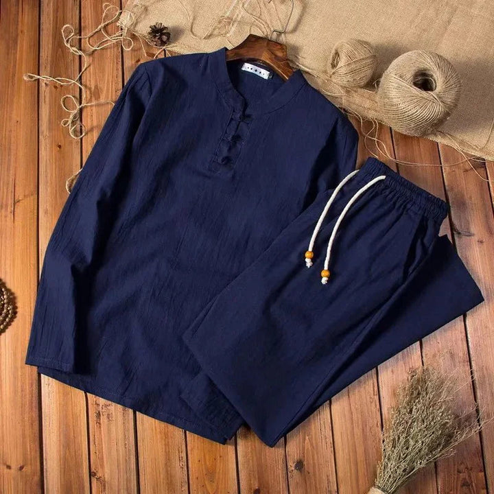 Navy men's linen blend long sleeve shirt and relaxed drawstring pants two piece set